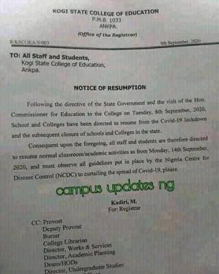 Kogi State College of Education Announces Resumption Date