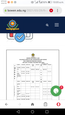 Bowen University 100 level tutorial teaching timetable for 1st semester, 2020/2021 session