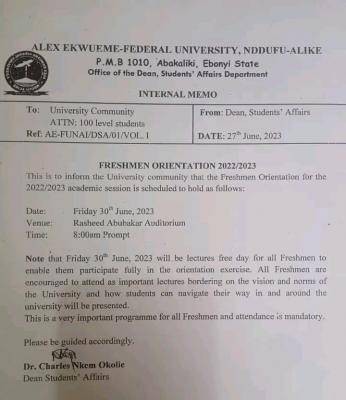 AE-FUNAI notice on freshers orientation