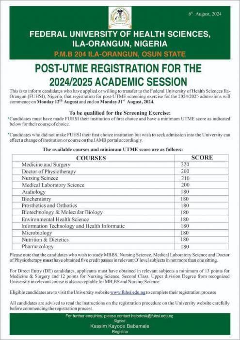 FUHSI Post-UTME 2024: eligibility, cut-off mark, & registration details