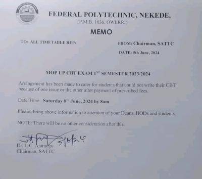 Fed Poly Nekede notice of 1st semester mop up CBT exam, 2023/2024