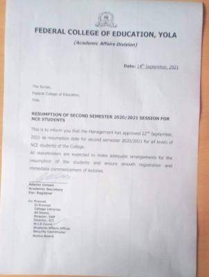 FCE, Yola notice on second semester resumption, 2020/2021 session