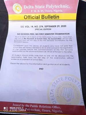 Delta State Polytechnic Ozoro notice to students on "no fees, no exam" policy