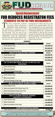 FUDutse reduces registration fees, students to pay in two installments