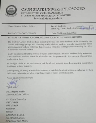 UNIOSUN notice to newly admitted students on payment for accommodation