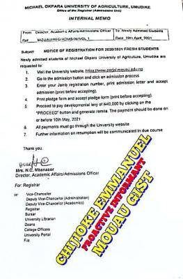 MOUAU notice to newly admitted students on registration