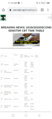 UNN 2nd semester CBT exam time-table, 2019/2020