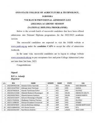 Oyo State College Of Agriculture ND 7th batch Provisional admission list, 2022/2023