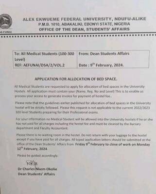 FUNAI notice to all medical students (100-300) level on application for allocation of bed space