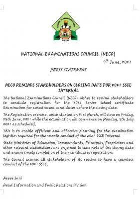 NECO confirms closing date for 2021 SSCE (internal) registration