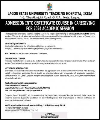 LASUTH admission into certificate course in caregiving, 2023/2024