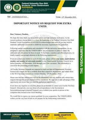 FUOYE SUG notice to students on request for extra units