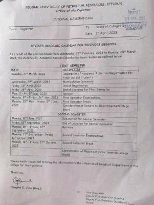 FUPRE new revised academic calendar for 2022/2023 session