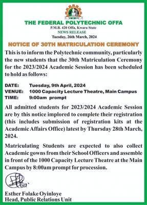Offa Poly notice on matriculation ceremony, 2023/2024