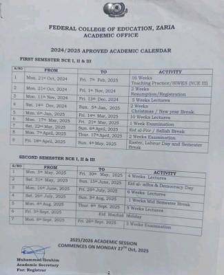 Federal College Of Education Zaria NCE academic calendar, 2024/2025