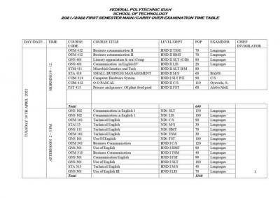 Idah Poly exam time table for 1st semester for 2021/2022 session