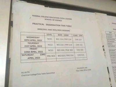FCE Tech Gombe practical exam time table