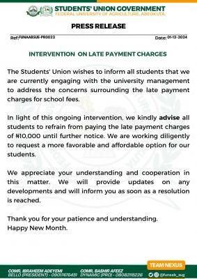 FUNAAB SUG notice regarding charges on late payment of fees