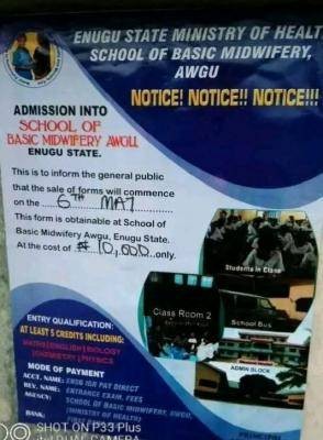 Enugu Ministry of Health School of Basic Midwifery, Awgu admission form, 2024/2025