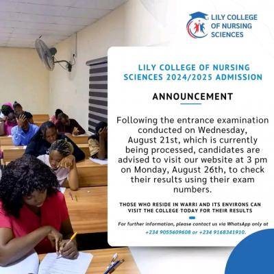 Lilly College of Nursing Sciences notice on entrance examination results, 2024/2025