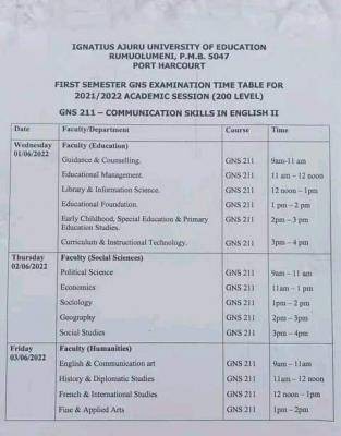 IAUE 200L GNS first semester examination timetable, 2021/2022