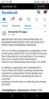 UNILAG notice to 2020 Post-UTME candidates