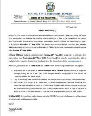 PLASU notice on resumption of academic activities