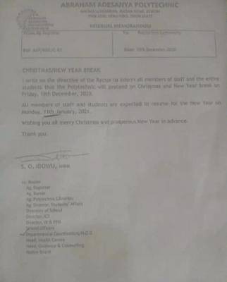 Abraham adesanya polytechnic notice to staff and students on christmas/new year break