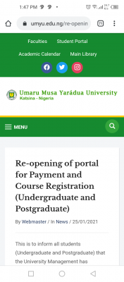 UMYU reopens portal for Payment and Course Registration (UG/PG), 2019/2020