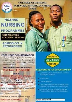 College Of Nursing Sciences Amichi releases ND/HND in Nursing admission form, 2024/2025