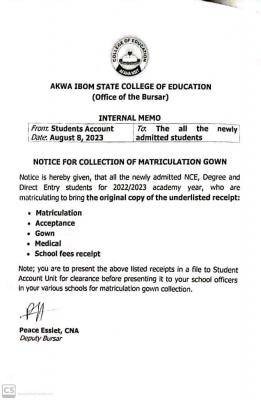 Akwa Ibom State COE notice to new students on collection of matriculation gown