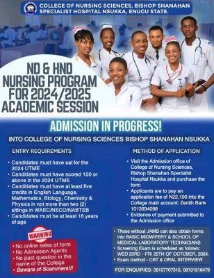 Bishop Shanahan College of Nursing Sciences, Nsukka admission form, 2024/2025