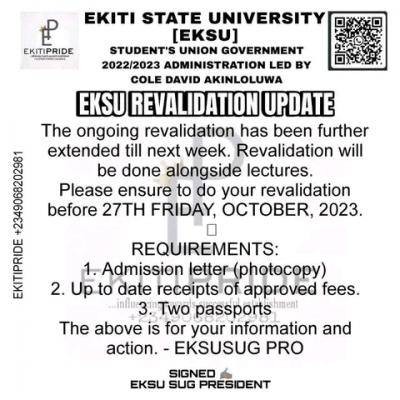 EKSU SUG notice on extension of student revalidation exercise