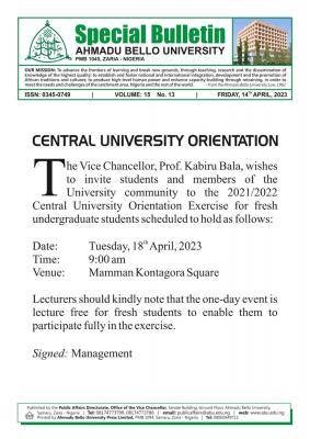 ABU Zaria Central University Orientation, 2021/2022