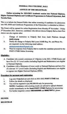 Federal polytechnic Bali Post-UTME 2021: cut-off mark, eligibility and registration details