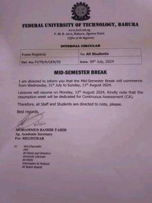 Fed University of Tech, Babura notice of mid semester break