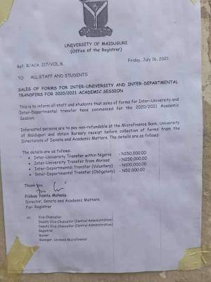 UNIMAID sales of Inter-University and inter-departmental transfer forms, 2020/2021