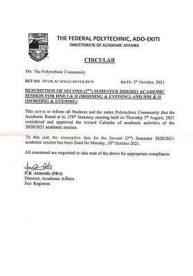 Fed Poly Ado-Ekiti 2nd semester resumption,  2020/2021