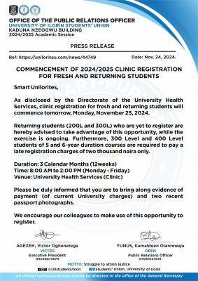 UNILORIN SUG notice on clinic registration for fresh and returning students, 2024/2025