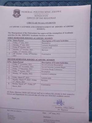 Fed Poly, Ekowe academic calendar for 2020/2021 session