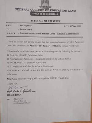 FCE Kano notice to newly admitted students on screening/issuance of admission letter