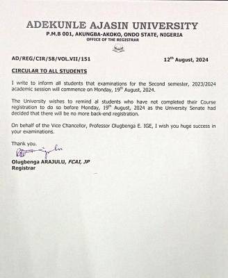 AAUA notice to students on commencement of 2nd semester exam, 2023/2024