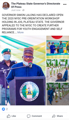 Plateau State Governor declares open the 2020 Batch B Pre-Orientation Workshop