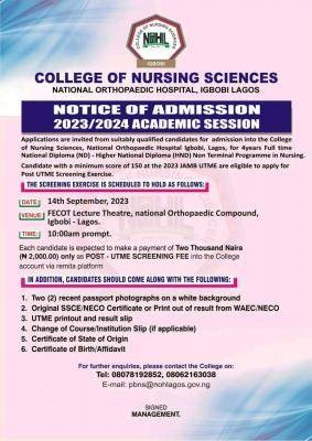 College of Nursing, National Orthopaedic Hospital ND & HND Nursing form - 2023