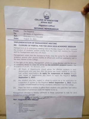 College of Education Afaha Nsit notice on closure of portal for 2019/2020