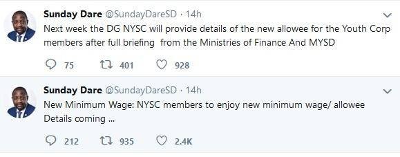 "Corpers Will Enjoy New Minimum Wage" - Minister, Sunday Dare