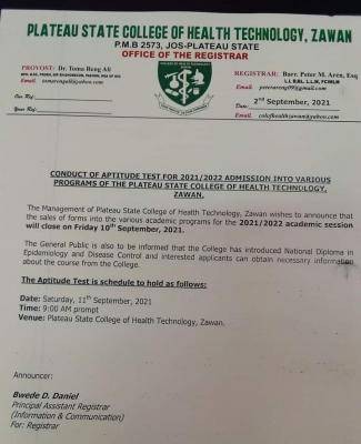 Plateau State College of Health, Zawan entrance exam for 2021/2022