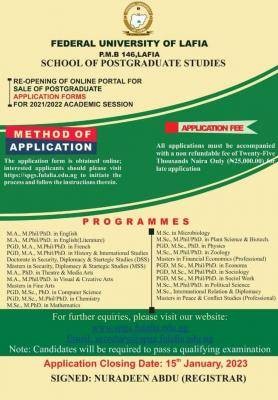 FULafia reopens postgraduate application Portal, 2021/2022