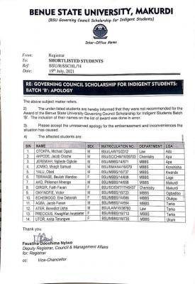 BSU governing council notice on indigene scholarship