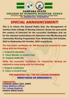 Zamfara College Of Nursing Sciences postpones interview of successful candidates, 2024/2025